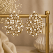 Pearl-and-rhinestone cluster statement earrings, gold-tone, with teardrop accents