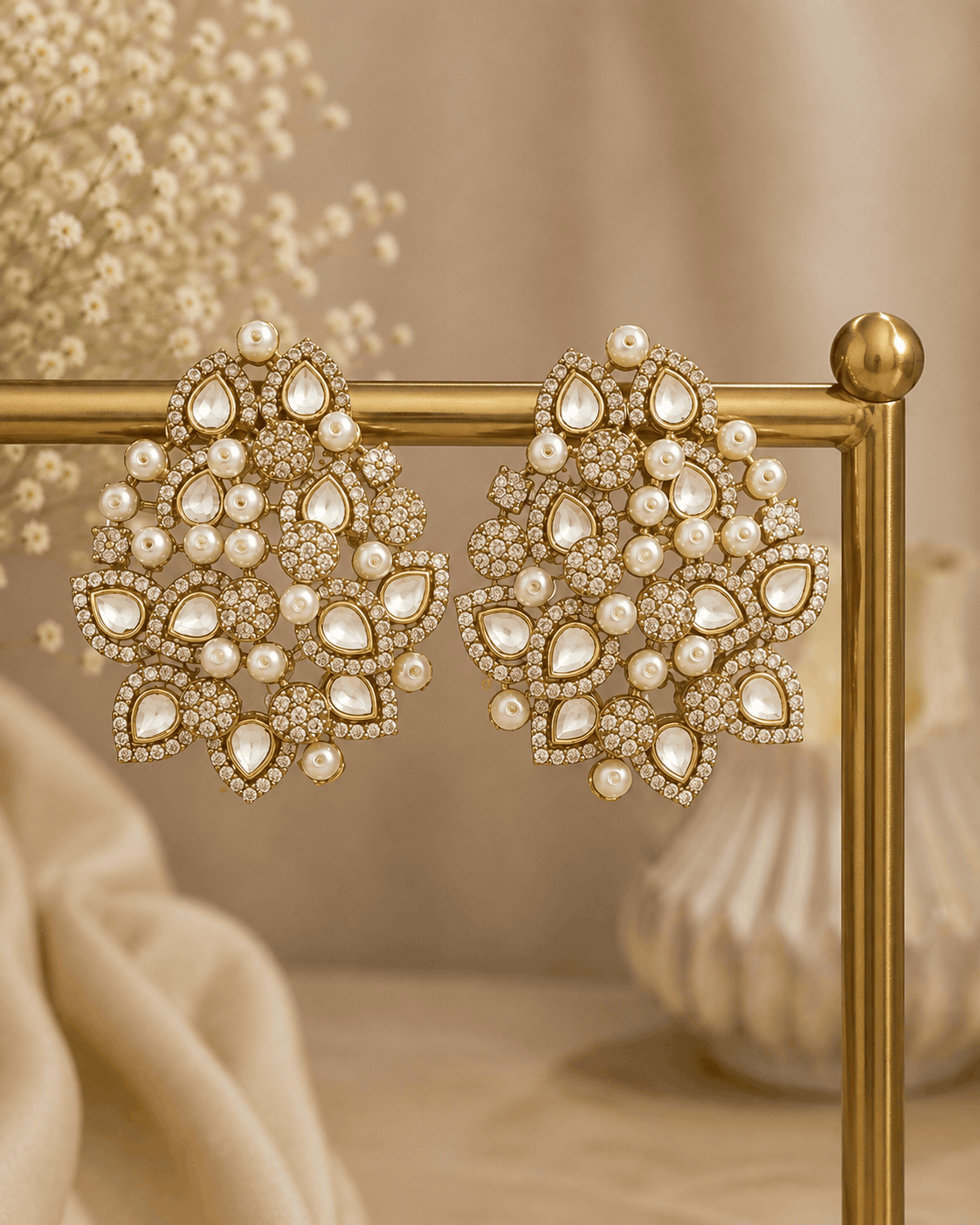 Pearl-and-rhinestone cluster statement earrings, gold-tone, with teardrop accents