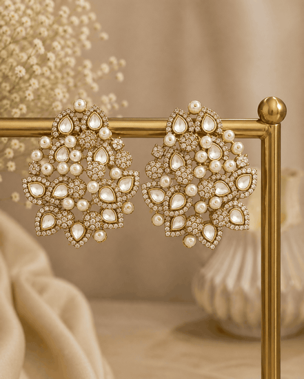 Pearl-and-rhinestone cluster statement earrings, gold-tone, with teardrop accents