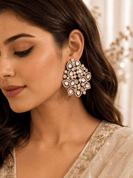 Large pearl and crystal cluster earrings worn by model, gold-tone teardrop detailing