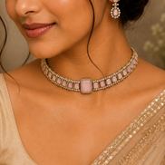 Pink stone choker necklace set with white/clear square earrings on gold-tone