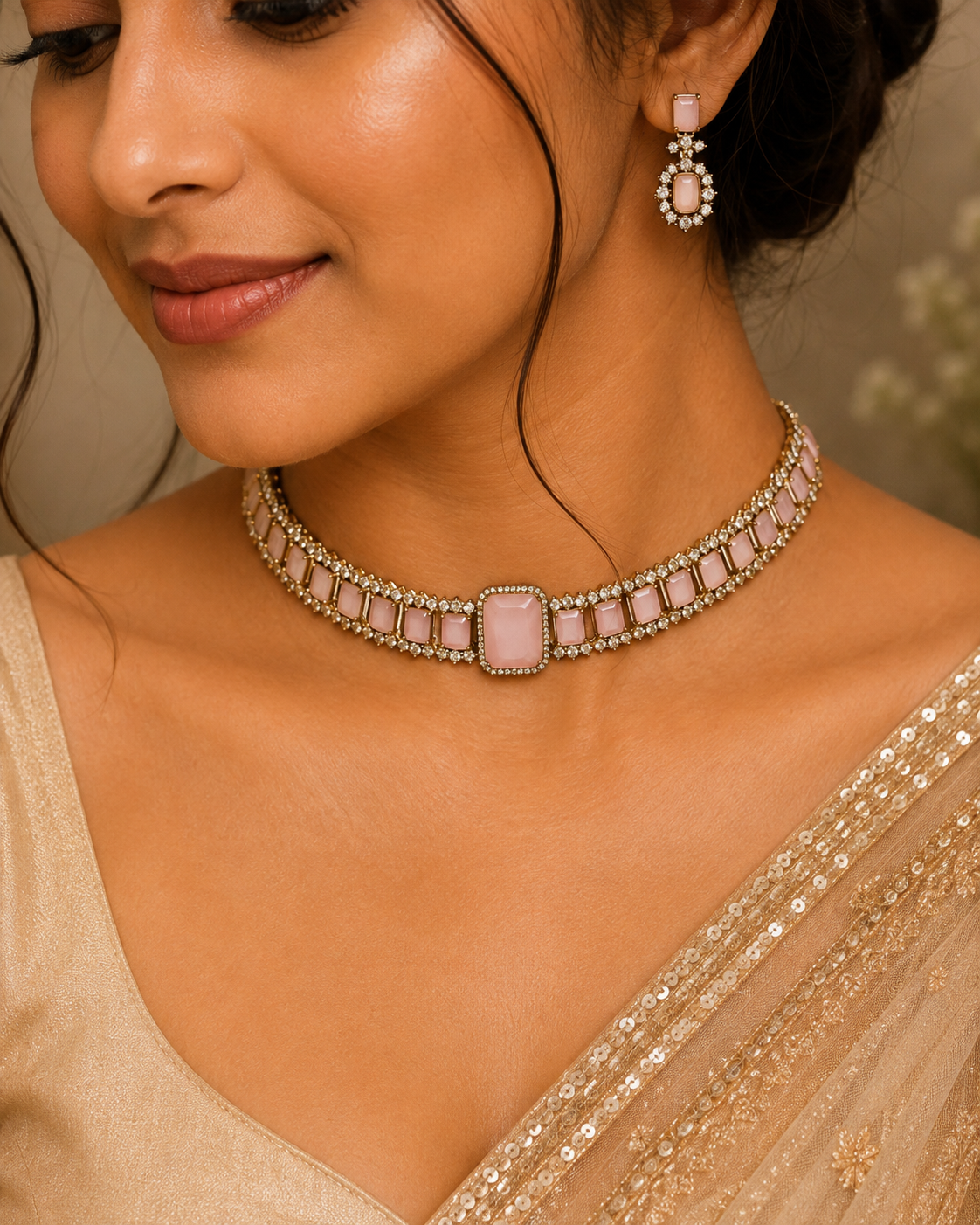 Pink stone choker necklace set with white/clear square earrings on gold-tone