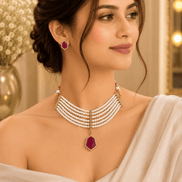 Pearl necklace with maroon drop pendant and maroon stud earrings on model