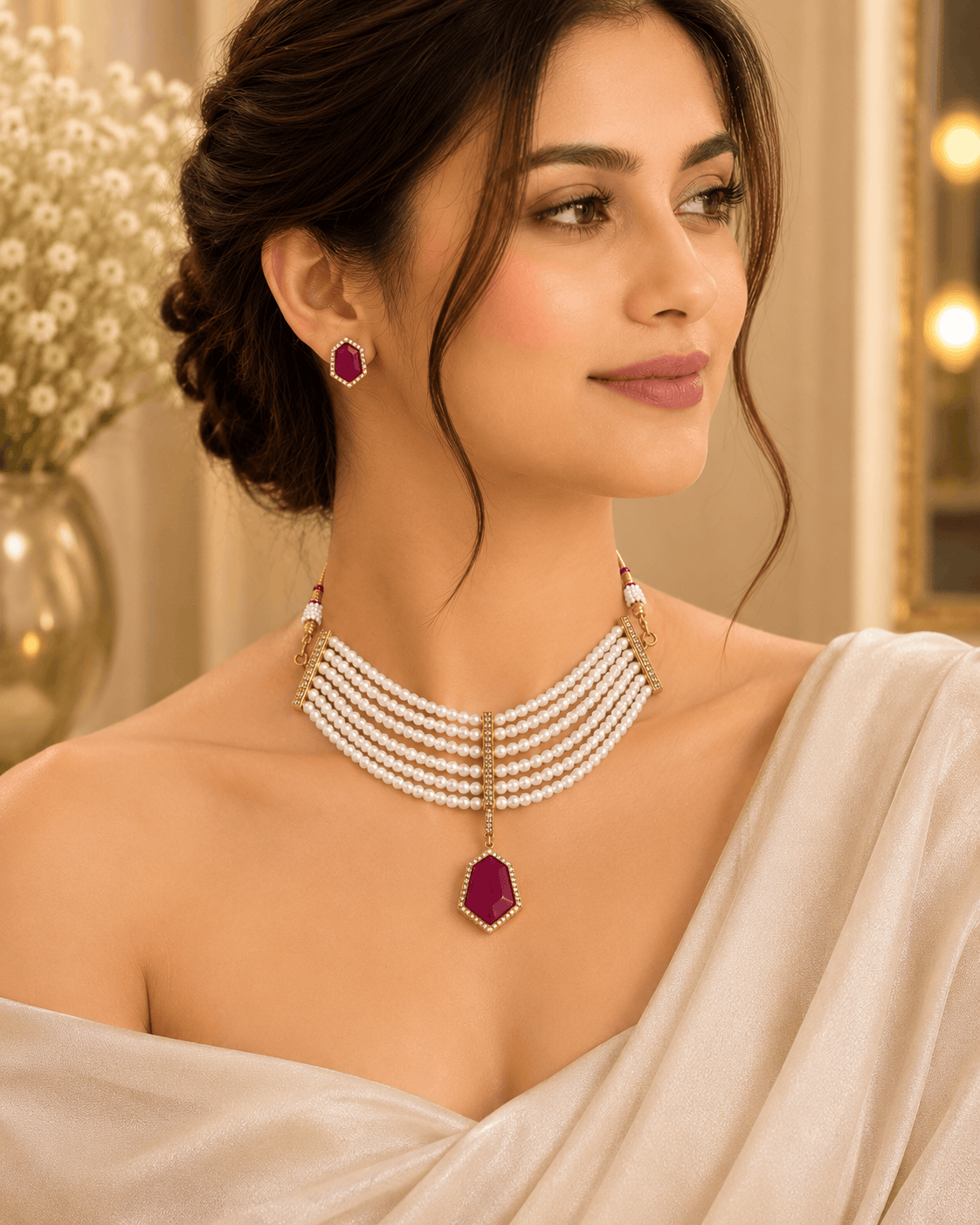 Pearl necklace with maroon drop pendant and maroon stud earrings on model