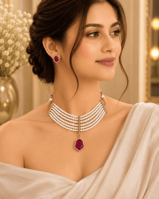 Pearl necklace with maroon drop pendant and maroon stud earrings on model