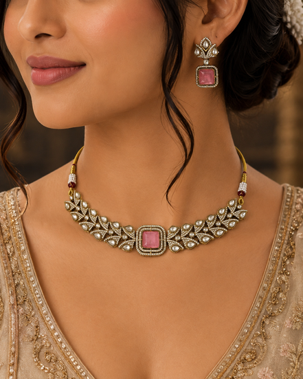 Ruby-pink square-stone choker necklace with gold filigree and stud drop earrings on model.
