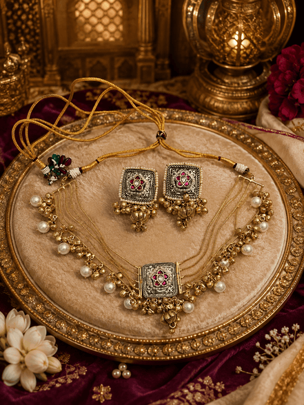 Gold-tone necklace set with central square pendant, pearl strands, and matching jhumka earrings