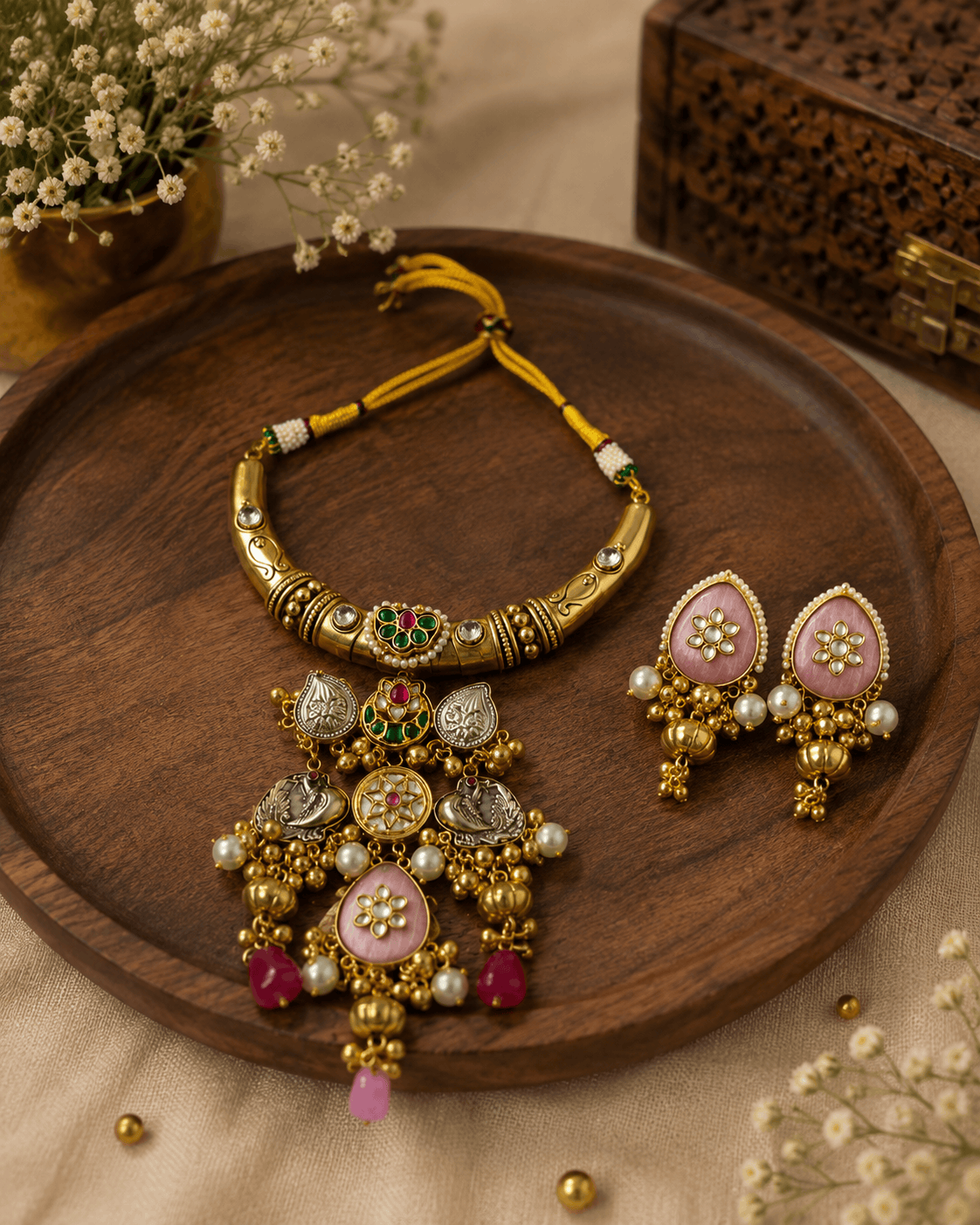 Gold-tone heritage necklace set with yellow thread cord, green and pink pendants, jhumka earrings