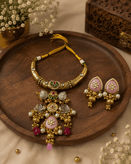 Gold-tone heritage necklace set with yellow thread cord, green and pink pendants, jhumka earrings