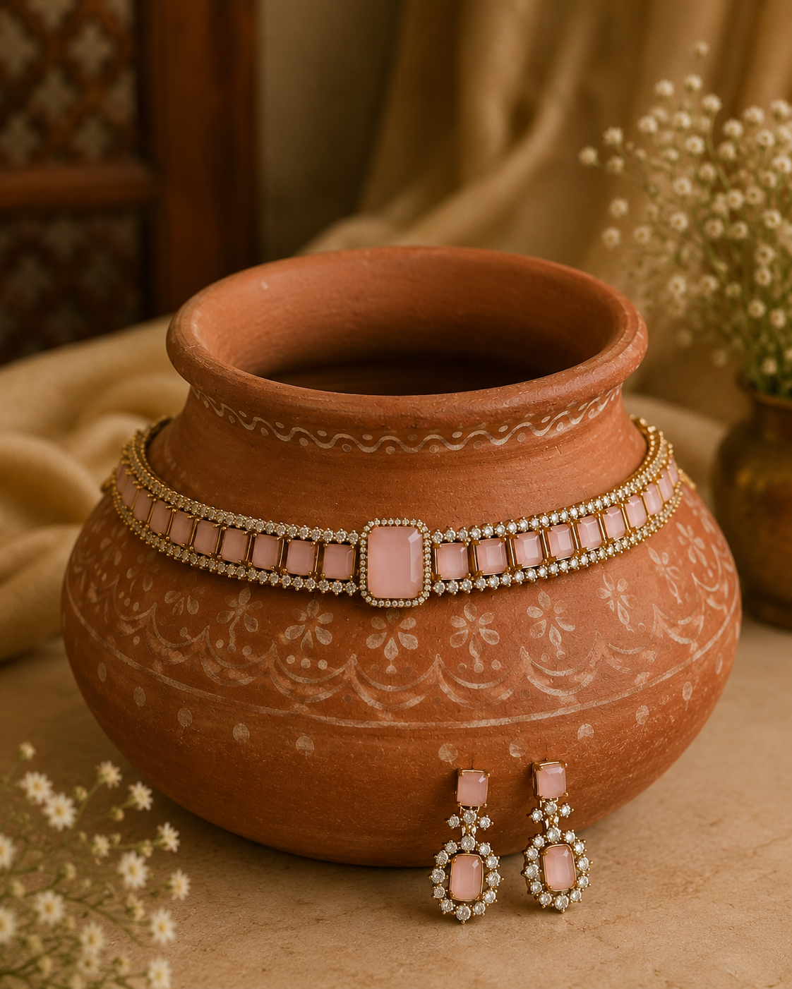 Pink stone choker necklace set with matching dangling earrings and square center