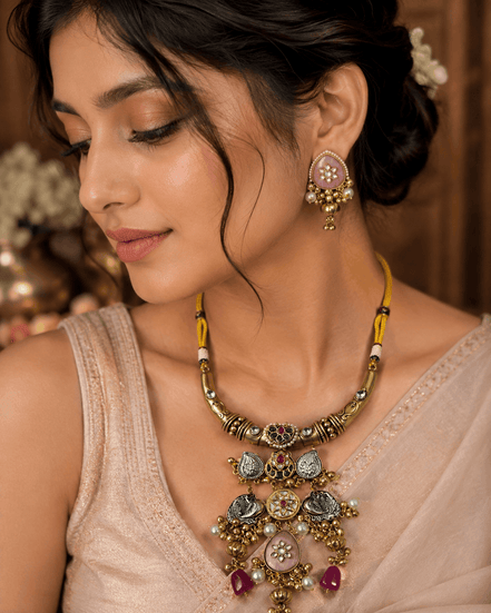 Gold choker necklace with green and red pendants and pink floral stud earrings