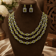 Olive green stone necklace set with matching square stud earrings