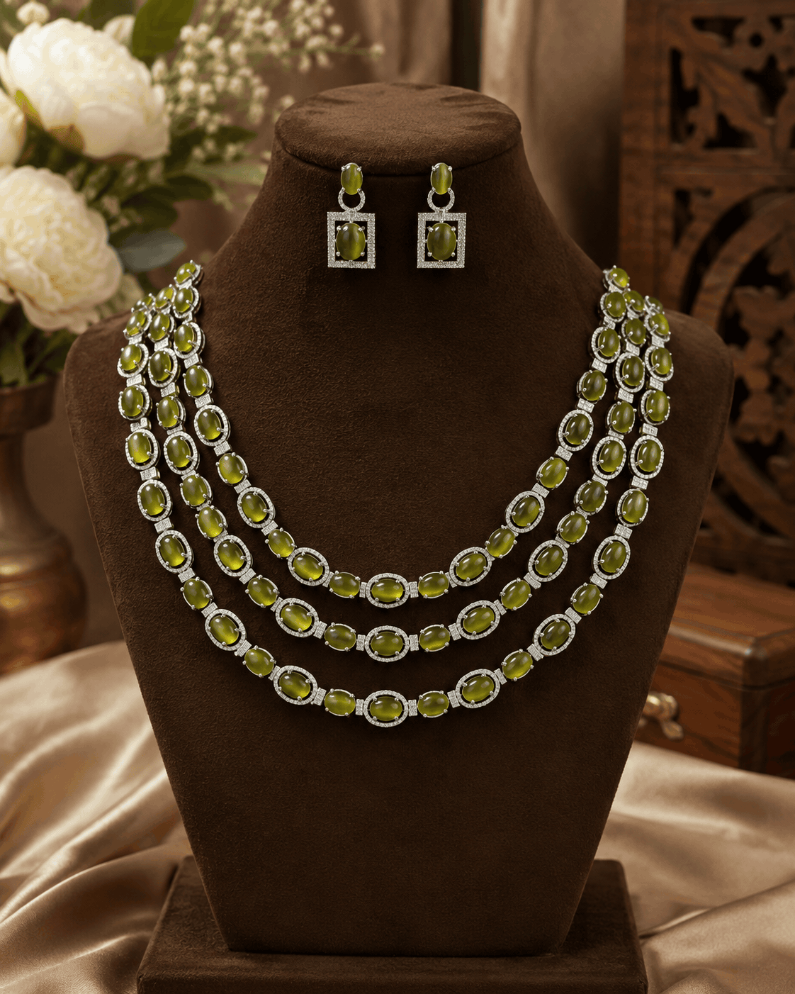 Olive green stone necklace set with matching square stud earrings
