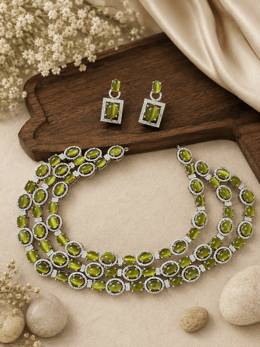 Olive green layered stone necklace with matching stud earrings