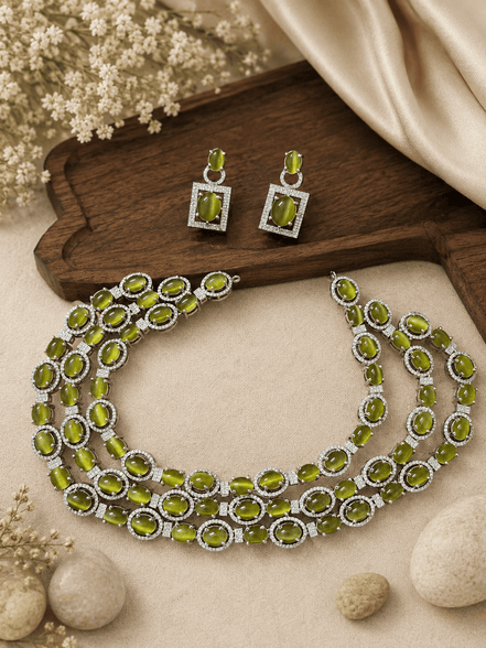 Olive green layered stone necklace with matching stud earrings