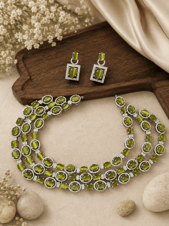 Olive green layered stone necklace with matching stud earrings