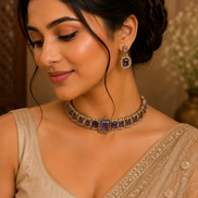 Blue and purple stone choker necklace set with matching gold-tone drop earrings
