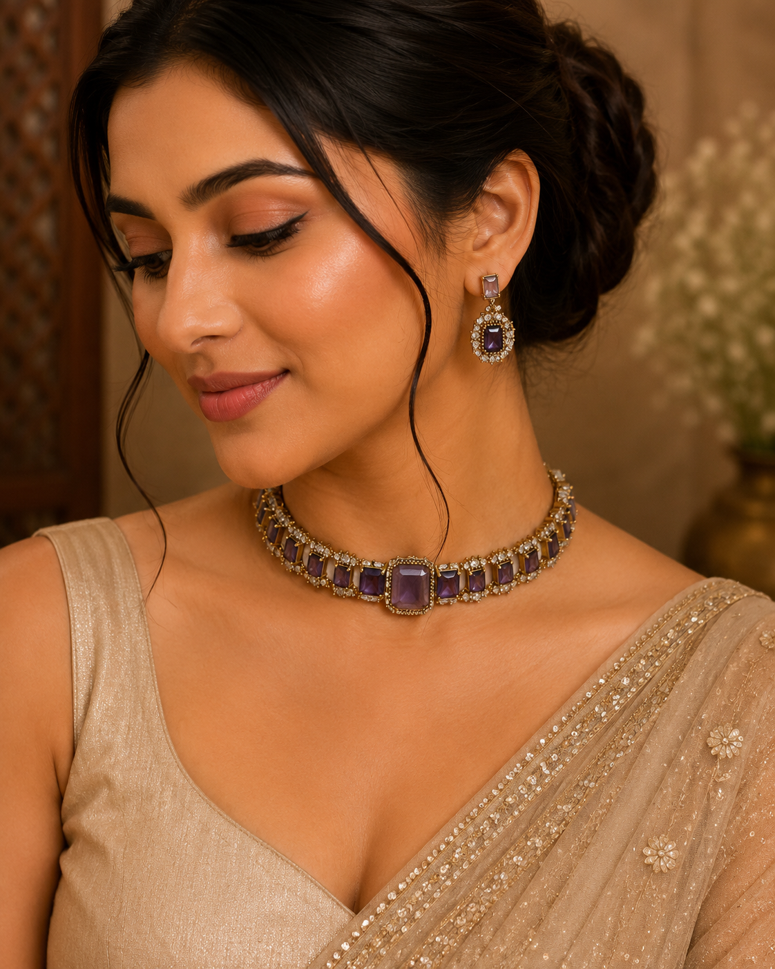 Blue and purple stone choker necklace set with matching gold-tone drop earrings