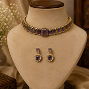 Purple stone choker necklace set with matching oval-and-square drop earrings
