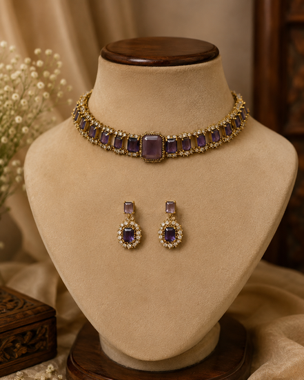 Purple stone choker necklace set with matching oval-and-square drop earrings