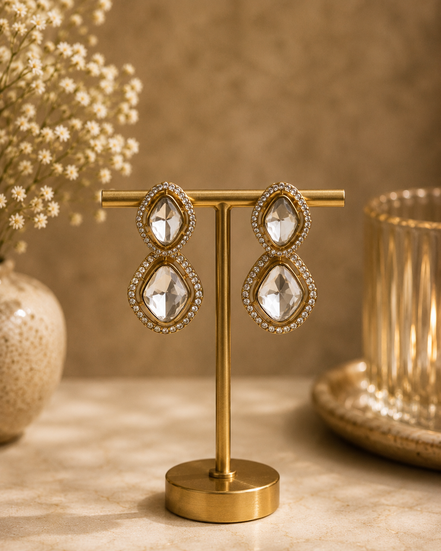 Gold-tone double oval stud earrings, two stacked clear faceted stones with crystal halos
