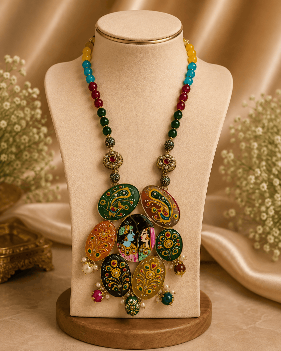 Statement necklace on bust stand with multicolor beads and round hand-painted pendant cluster