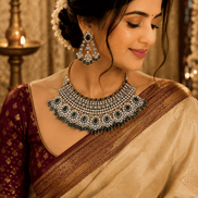 Model wearing bridal kundan necklace set with emerald green stones, pearl fringe, and earrings