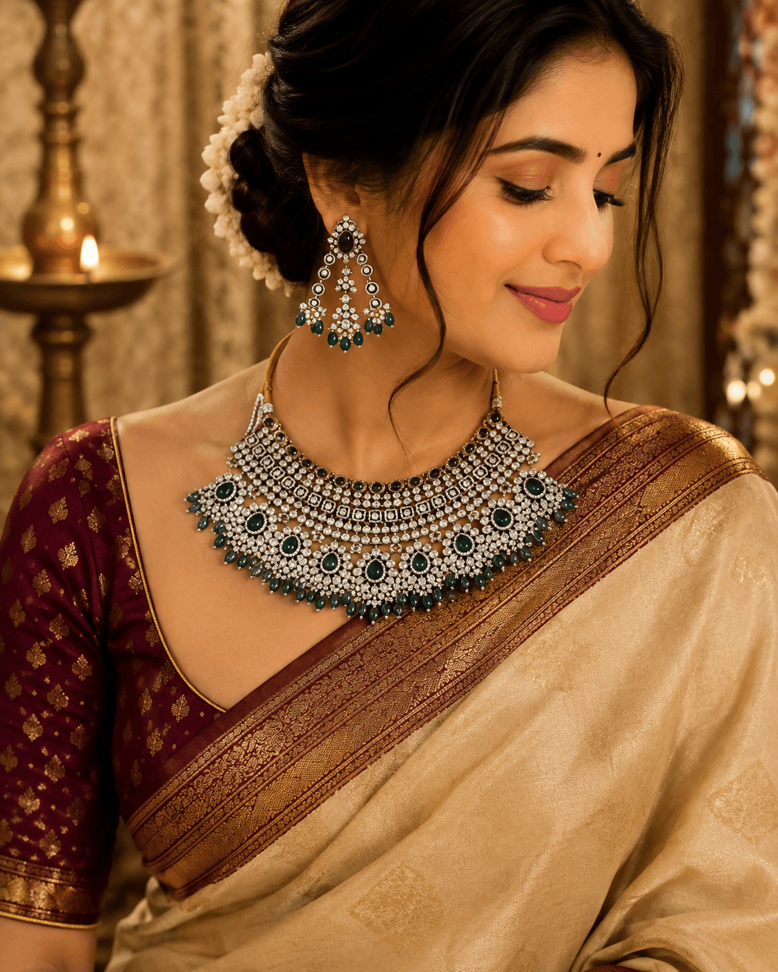Model wearing bridal kundan necklace set with emerald green stones, pearl fringe, and earrings