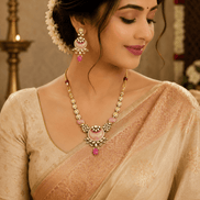 Gold-tone necklace set with pink enamel pendant and matching drop earrings