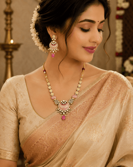 Gold-tone necklace set with pink enamel pendant and matching drop earrings