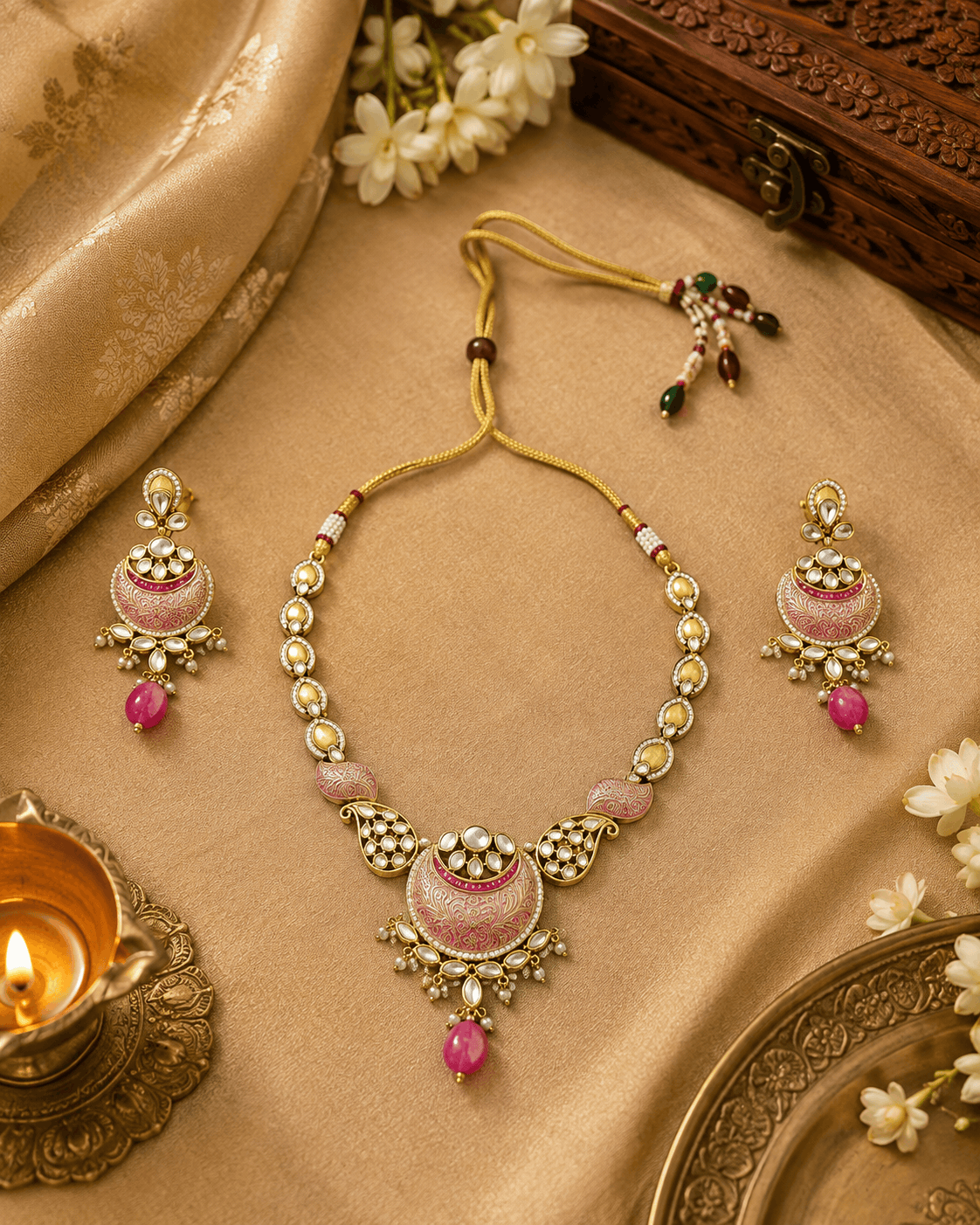 Gold-tone statement necklace with pink teardrop pendant and two matching earrings