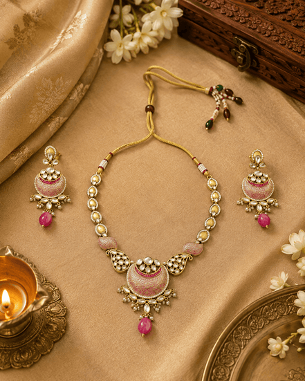 Gold-tone statement necklace with pink teardrop pendant and two matching earrings