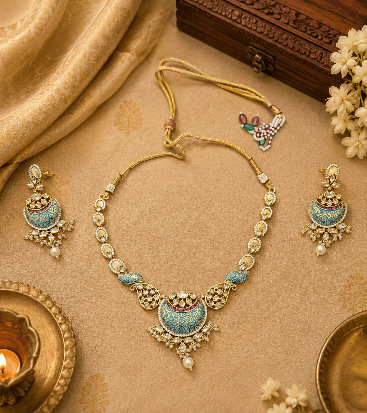 Gold-tone statement necklace with peacock-blue enamel pendant and matching earrings