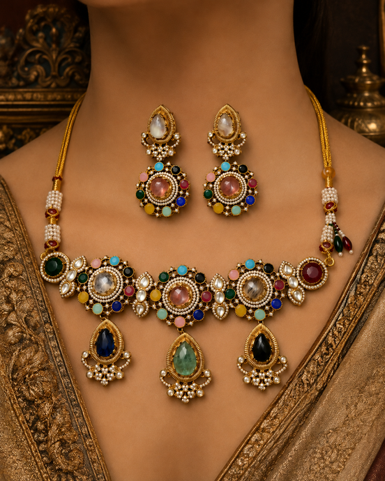 Jeweled gold-toned necklace set with matching drop earrings on neckline; multicolor stones.