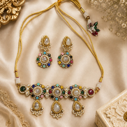 Gold-toned jeweled necklace set with matching drop earrings and dangling teardrop stones.