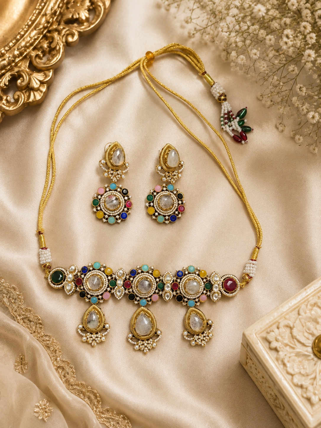 Gold-toned jeweled necklace set with matching drop earrings and dangling teardrop stones.
