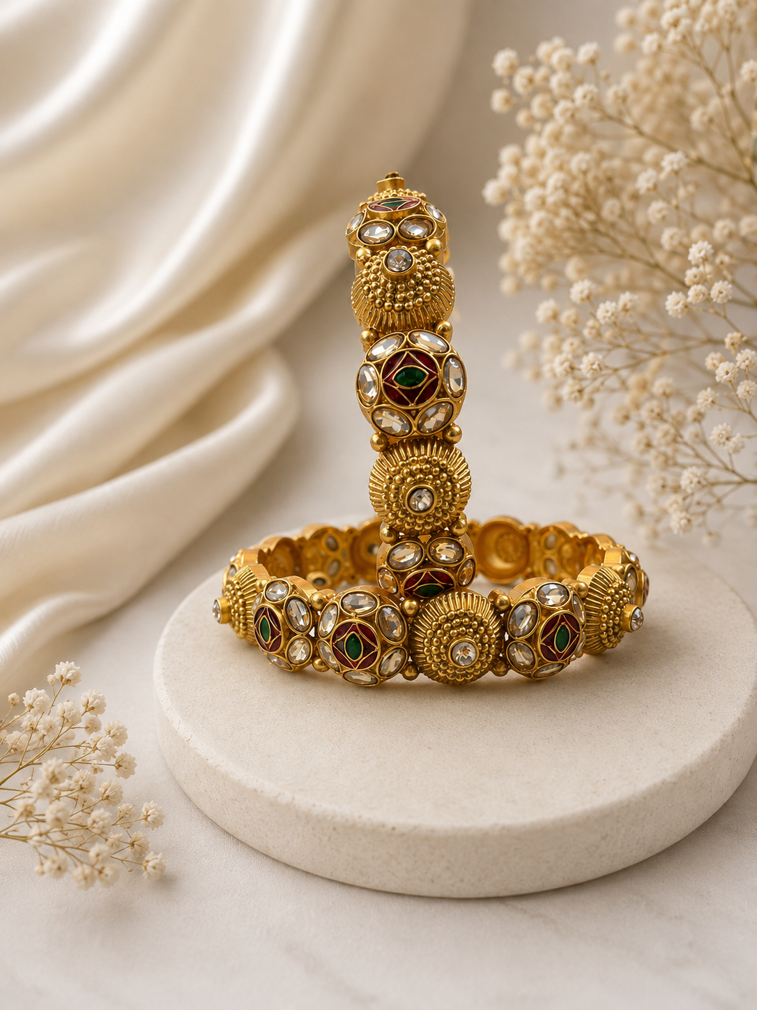 Gold-tone heritage bangle with green stone insets and round kundan-style medallions