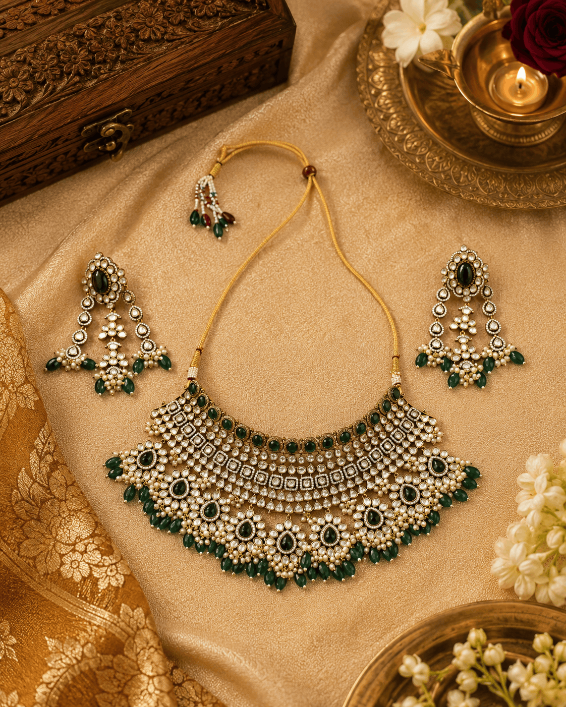 Bridal kundan necklace with emerald green stones and pearl bead fringe; matching earrings