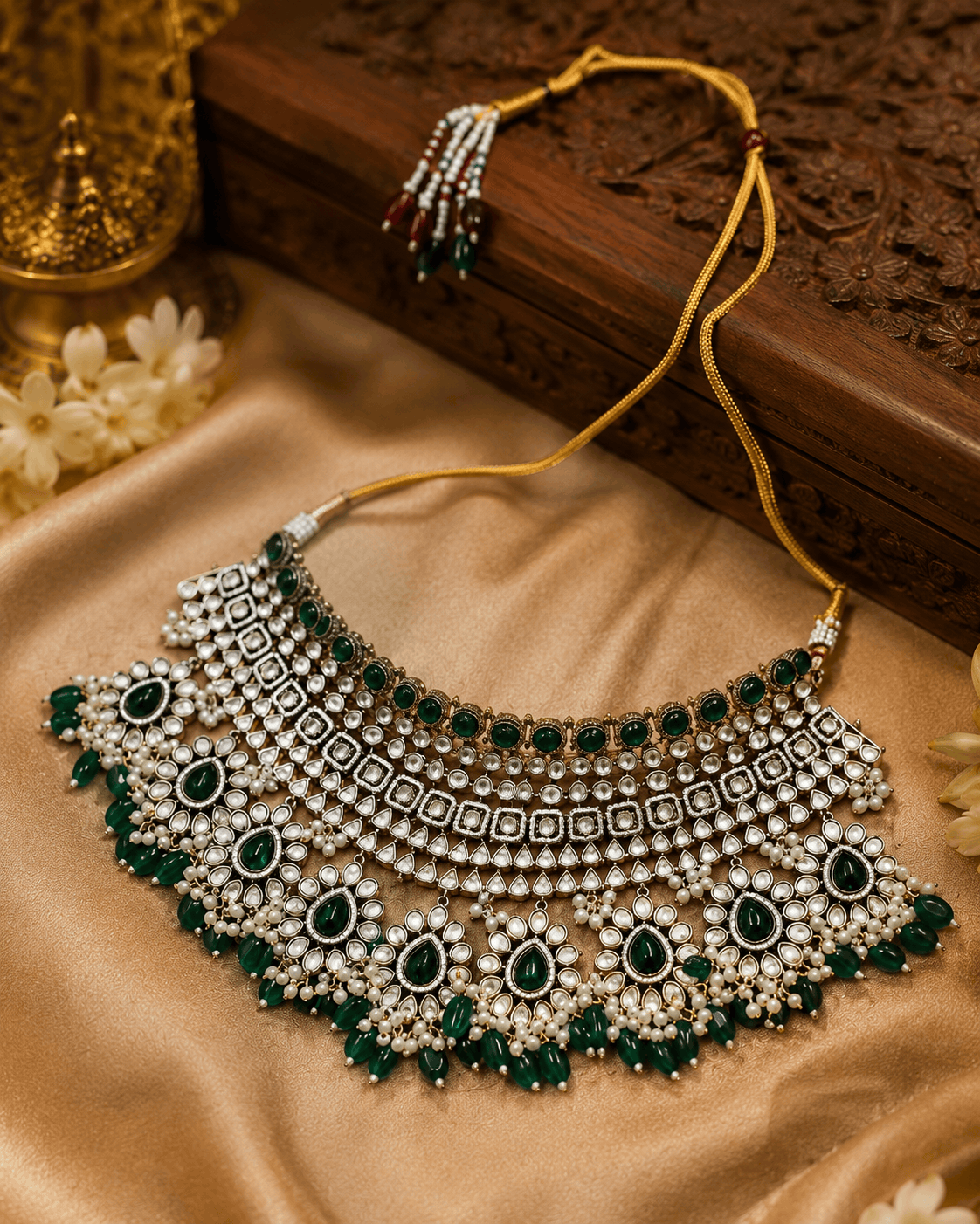 Bridal kundan necklace set with emerald green stones and pearl fringe; matching earrings