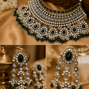 Wide bridal kundan choker necklace with emerald green stones and pearl beadwork