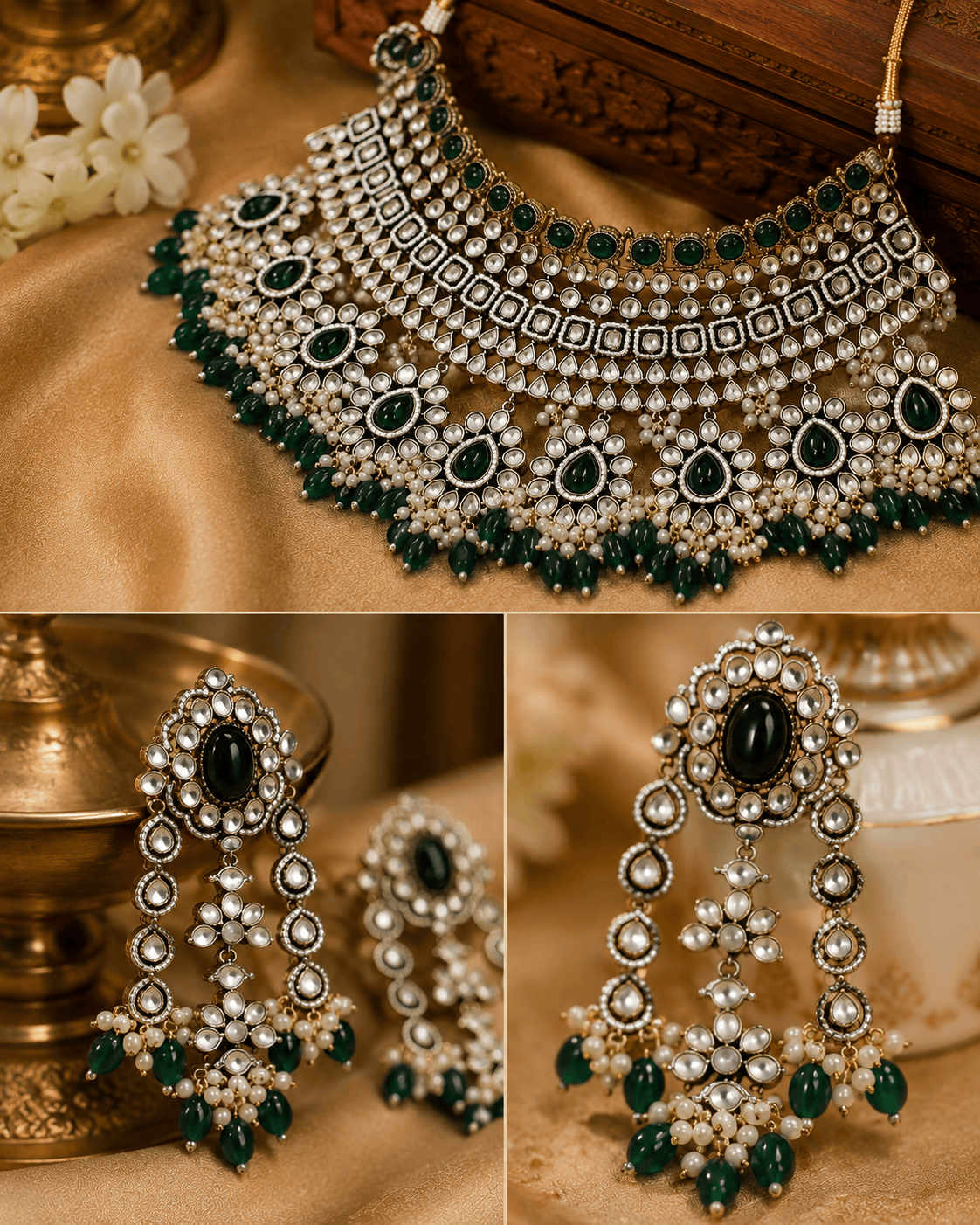 Wide bridal kundan choker necklace with emerald green stones and pearl beadwork