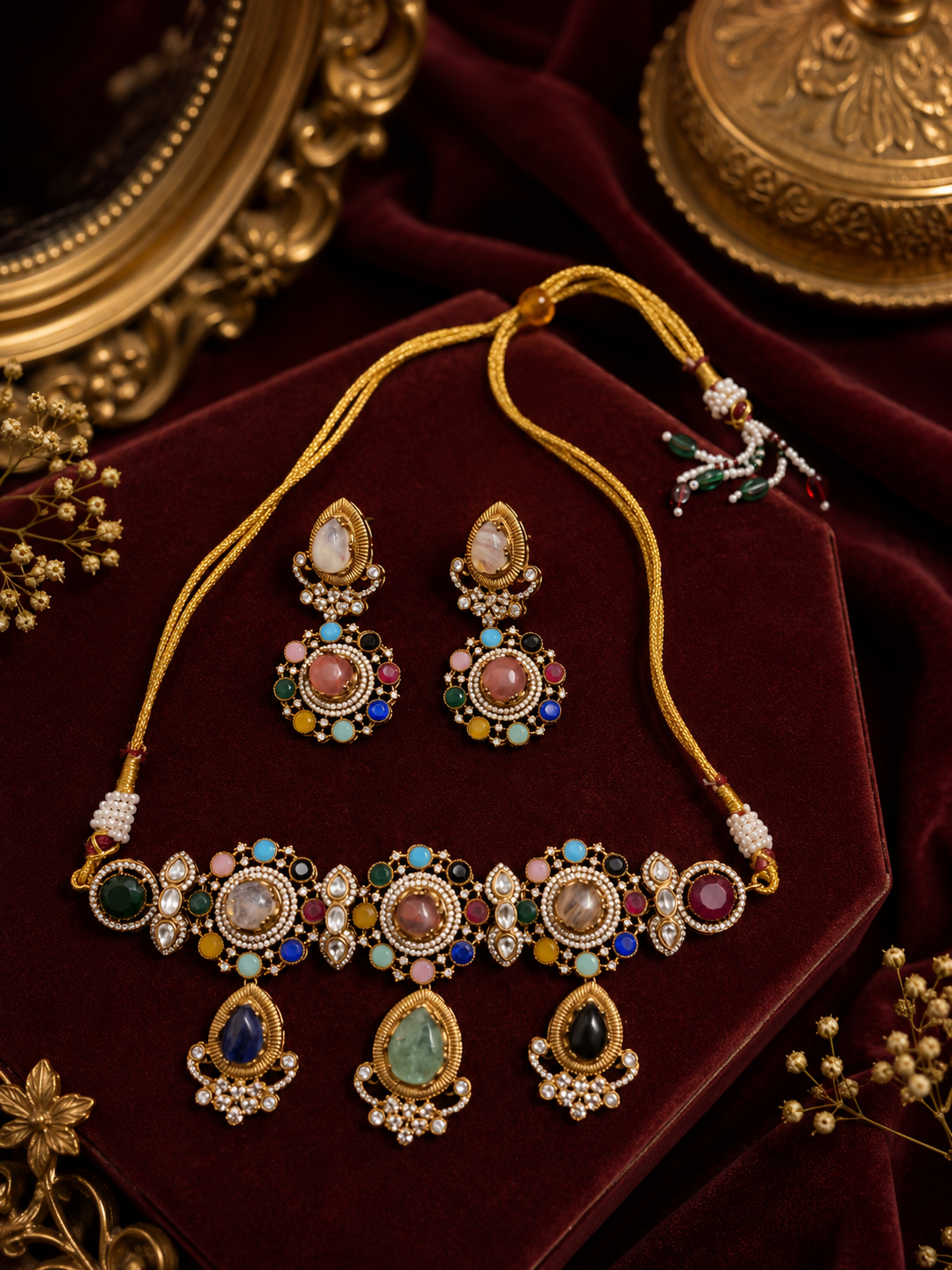 Gold-toned jeweled necklace set with matching drop earrings, maroon, green, and white stones.