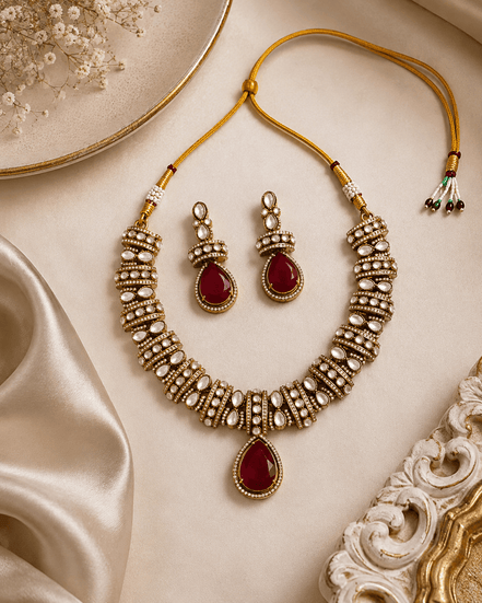 Gold-tone heritage necklace set with red teardrop pendant and matching beadwork earrings