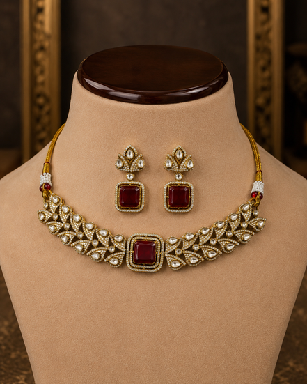 Gold-tone choker necklace with ruby-pink square stones and matching stud drop earrings, front view.