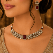 Ruby-pink square-stone choker with gold filigree and matching stud drop earrings on model.