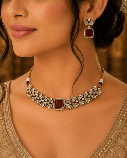 Ruby-pink square-stone choker with gold filigree and matching stud drop earrings on model.