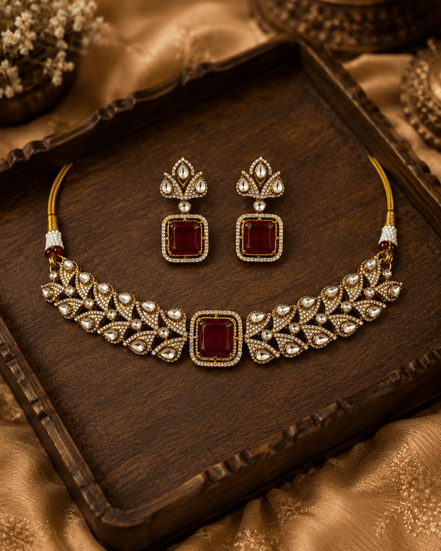 Gold-tone choker necklace with ruby-pink central square stone and matching drop earrings.