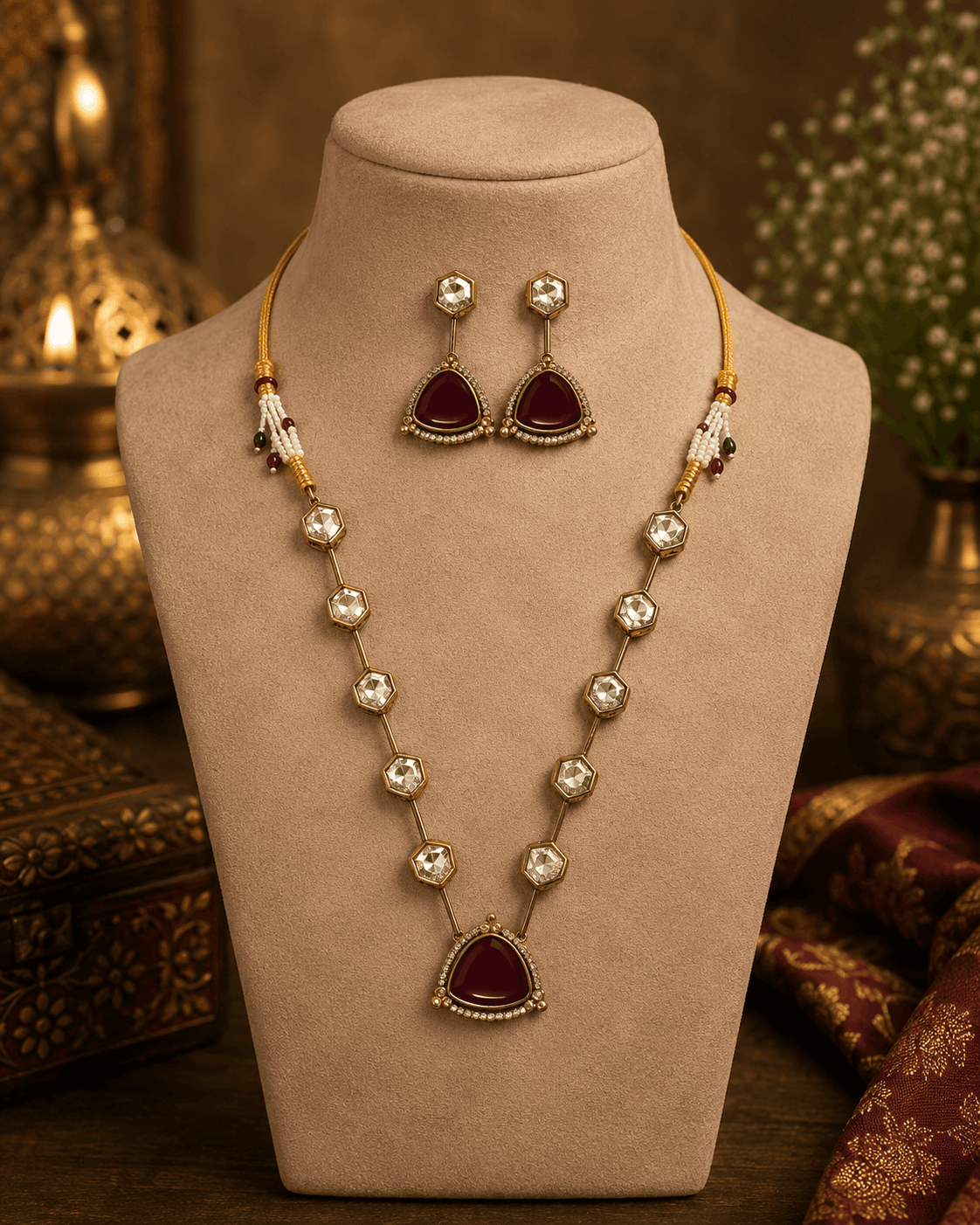 Gold-toned layered necklace with dark red teardrop pendant and long bead drop