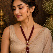 Wine maroon beaded tassel necklace with gold oval pendant and pearl fringe drops