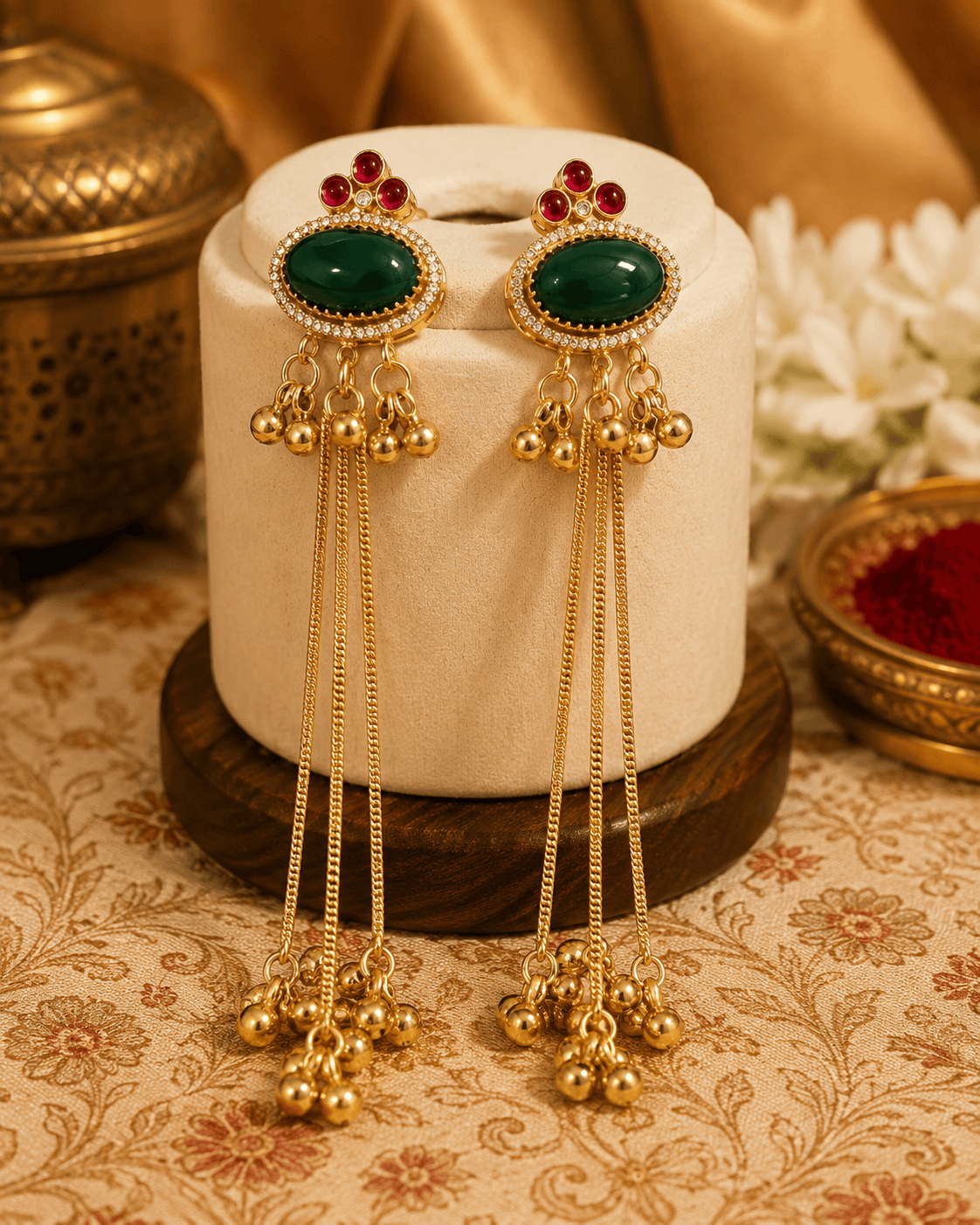 Gold tassel earrings with oval green stones, red accents, and dangling beaded charms